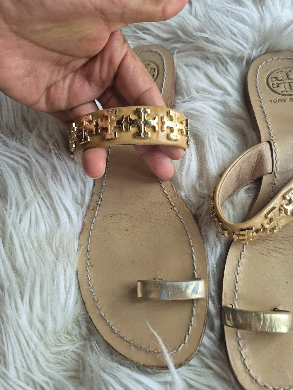Tory Burch Tan Leather Toe-Loop Sandals with Gold Logo Chain